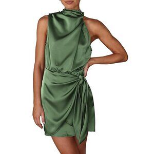 Satin Dress Sleeveless Mock Neck Tie Waist Dress - M
